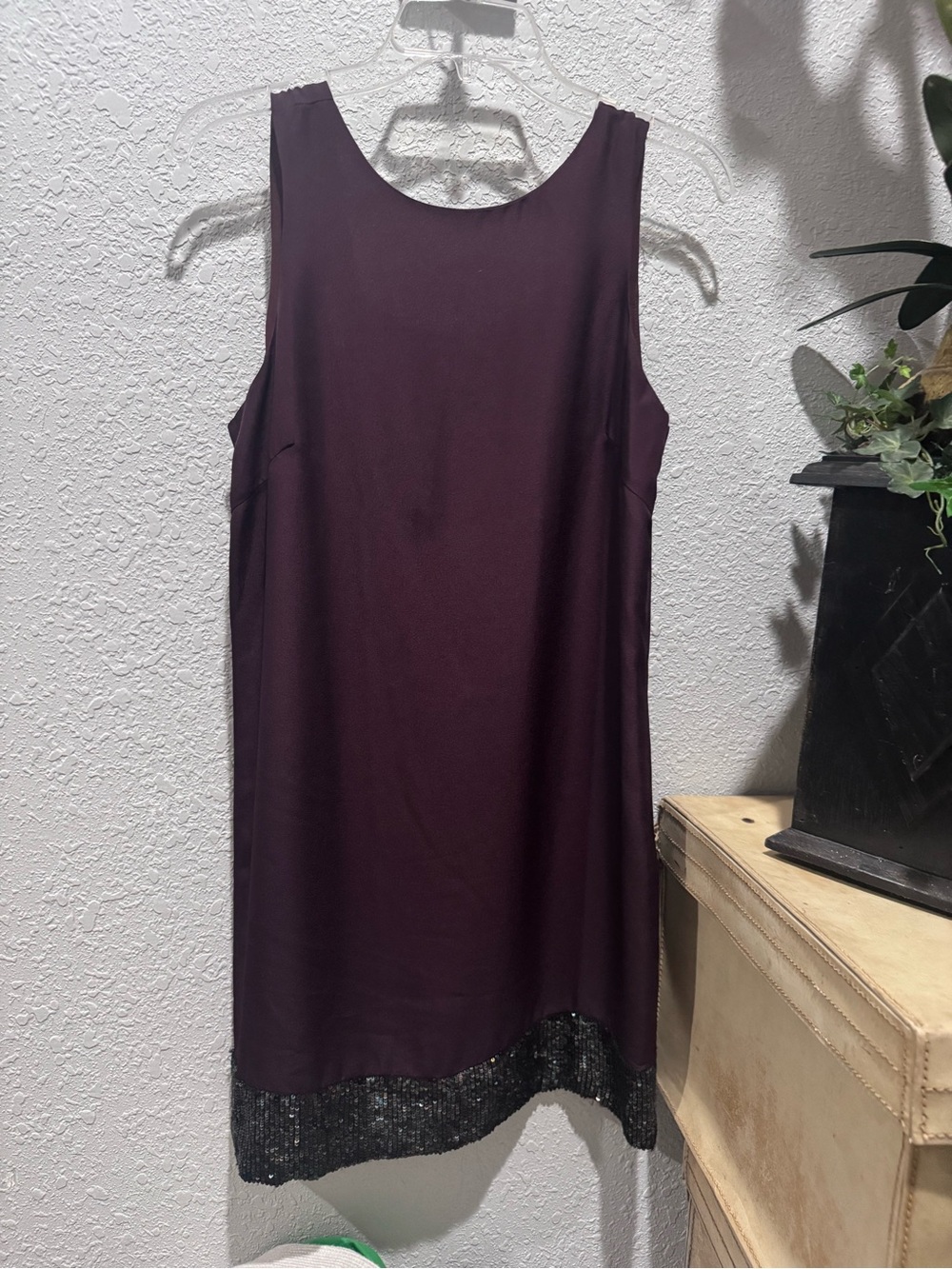 MM Couture Sleeveless Plum Shift Dress with Sequin Hem